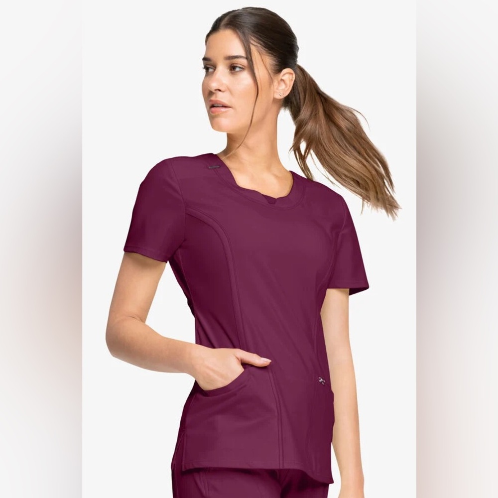 Infinity Women's 3-Pocket STRETCH Round Neck Scrub Top, Size XS extra small wine